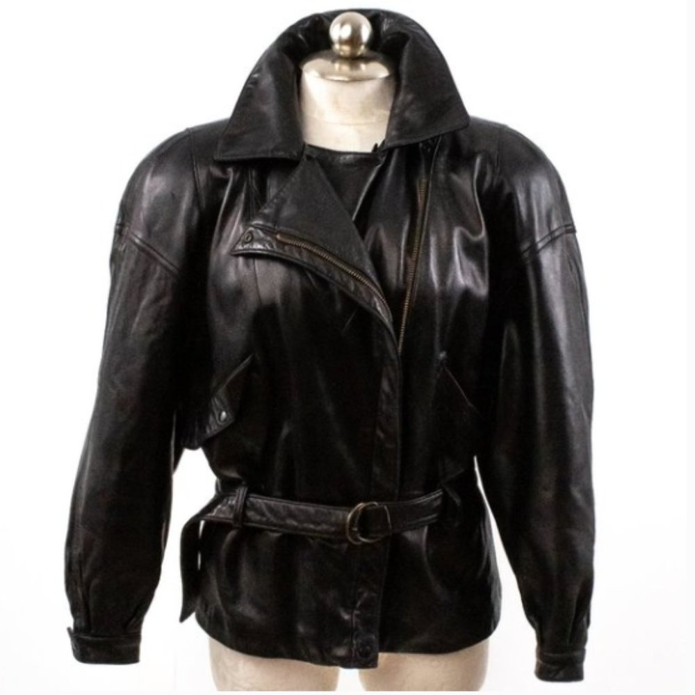 Vintage 80s Black Leather Jacket M Footballer Short Blazer Coat - Picture 11 of 14